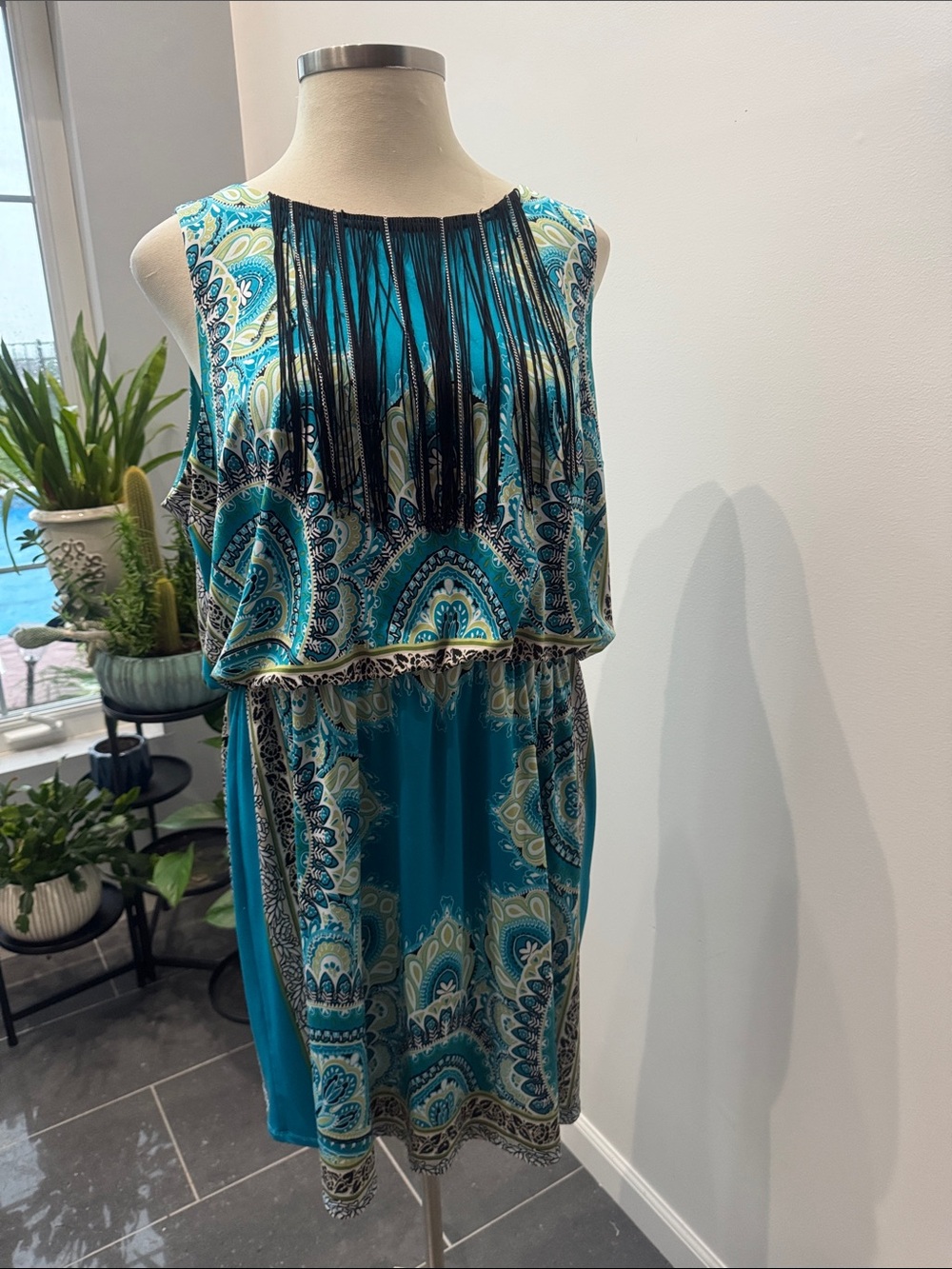Cato Teal Paisley Sleeveless Mini Dress with Black Fringe - Picture 1 of 6